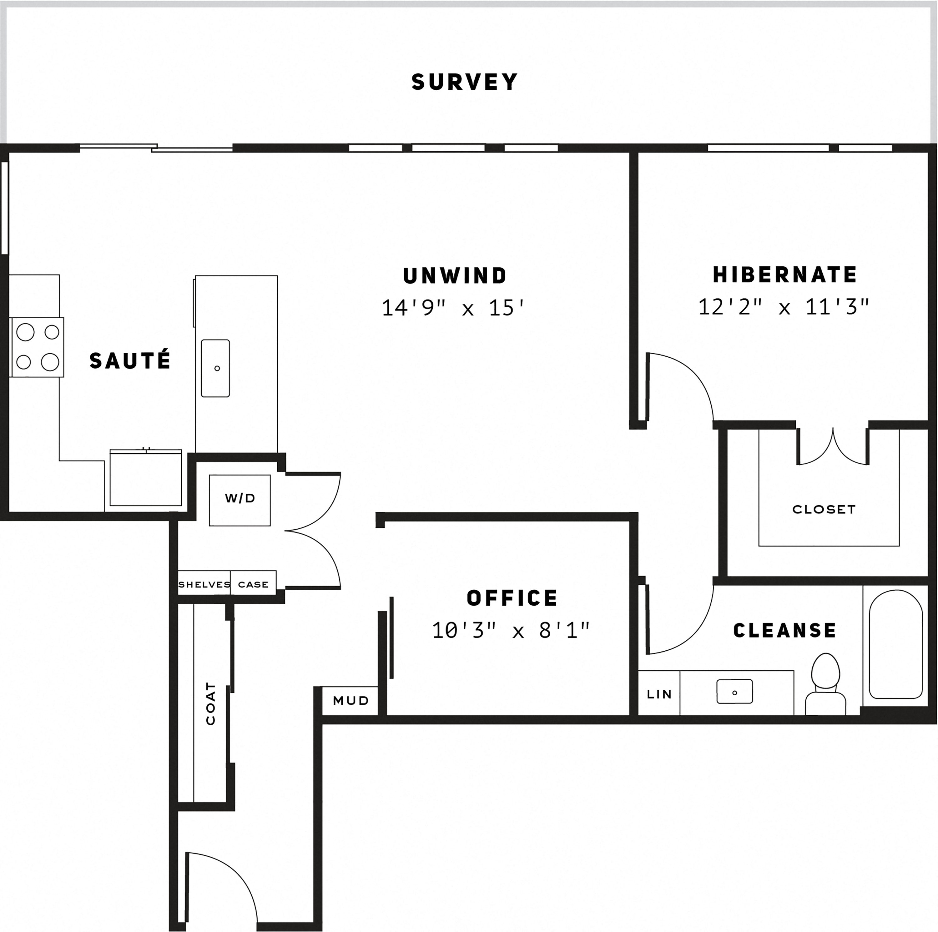 Floor plan for 1 bed, 1 bath, 964 sqft
